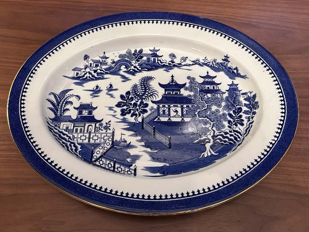 Antique Blue Willow Oval Serving Platter Royal Worcester , 15" Gilt Rim, England